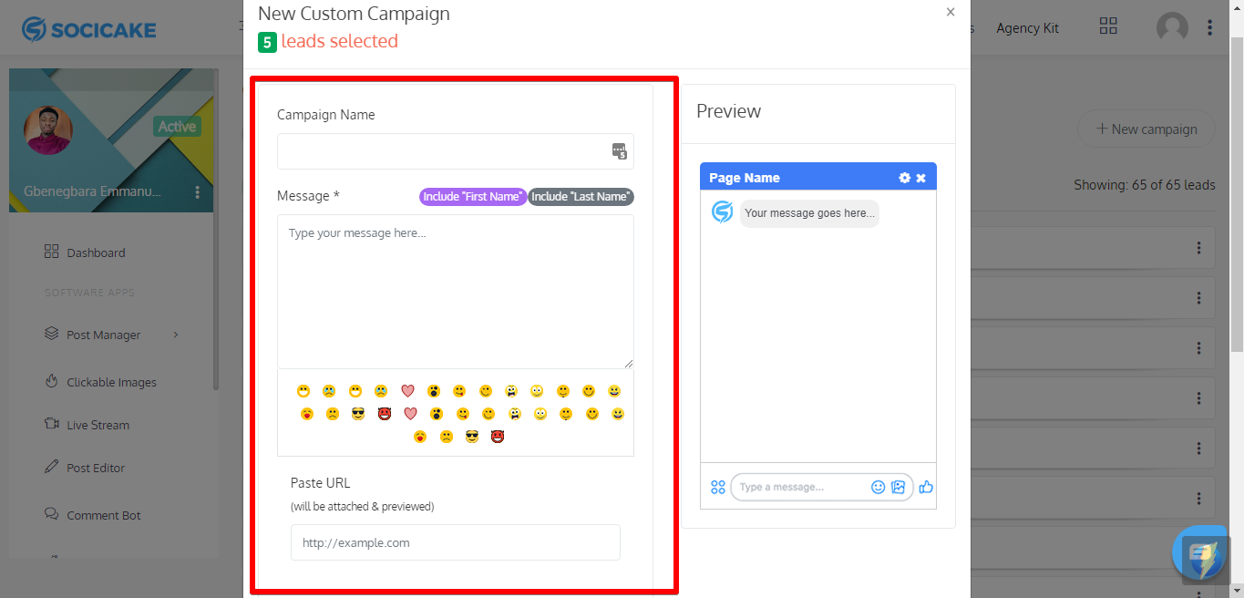 Step 4: Now, enter a campaign name, enter campaign message, you can also attach a URL